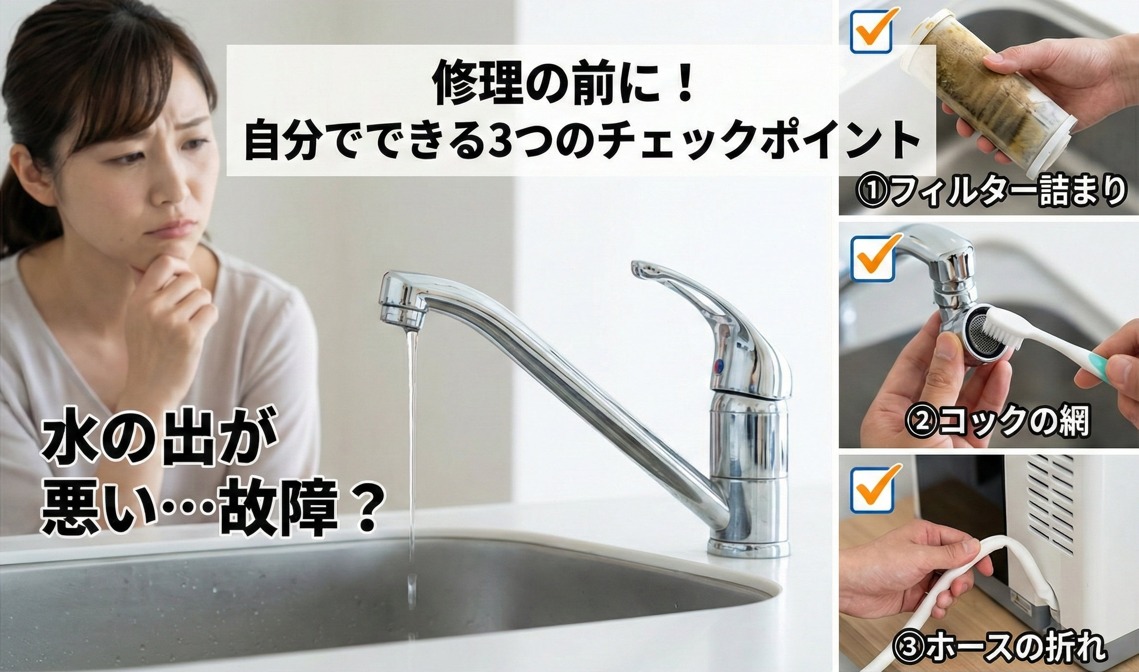 水の出が悪い・故障？修理の前に確認すべき3つの原因（フィルター詰まり、コックの網、ホースの折れ）